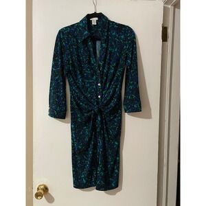 Cache Dress Women's Size M Blue Green Abstract Print Button Front Tie Waist Midi